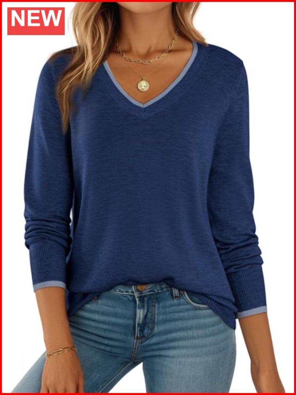 Wool Blend V-Neck Knit Pullover Sweater Ribbed Cuff Hem
